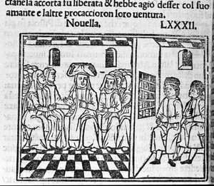 Uma história do amor de uma freira. Ilustração para a notícia 82 (Nova 2 do nono dia) do "Decameron" de Giovanni Boccaccio dit Jean Boccaccio (1313-1375), escritor italiano. Gravura em "Decamerone ouer Cento nouelle" Veneza, Bartolomeo de 