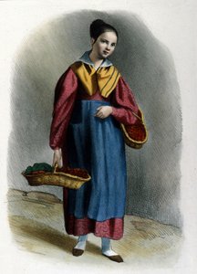 Uma jovem vendedora de morangos errante. Gravura Milanesa metier de Locarno, de 1830. de Italian School
