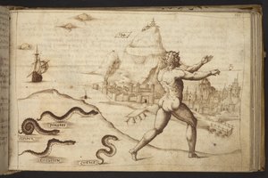 Adicionar. 82955, f.133   Cobras perseguindo uma figura humana.  , da Historia Animalium, (composto por 245 desenhos a bico de pena de diferentes espécies de animais e criaturas míticas, cada um acompanhado por uma descrição.)    1595 de Italian School