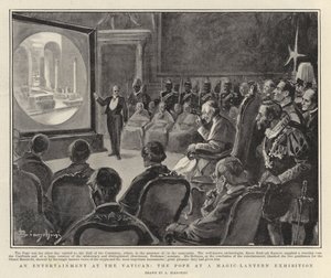 Um espetáculo no Vaticano, o Papa numa exposição de lanternas mágicas (litografia) de Italian School