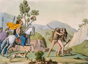 Antigos guerreiros celtas numa incursão de caça, c.1800-18 (gravura colorida) de Italian School