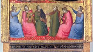 Anjos, tocando, instrumentos musicais, detalhe, de, um, predella, painel, de, um, altarpiece, florentino de Italian School