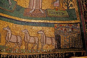 Detalhe de abside, Belém e ovelha (mosaico) de Italian School