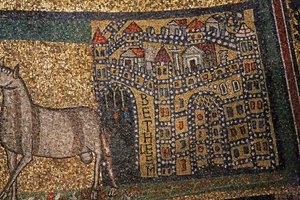Detalhe da abside, Belém e ovelhas (mosaico) de Italian School