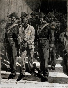 Prisão de Giovanni Passannante (1849-1910), que realizou o ataque ao rei italiano Umberto I (Humbert I), em Nápoles, em 1878. Este evento inspirou o poeta Giovanni Pascoli (1855-1912) em uma Ode. Gravura do século XIX de Italian School