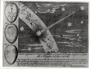Diagrama astrológico do cometa que apareceu em Roma durante a Virgem e permaneceu visível até novembro de 1680 de Italian School