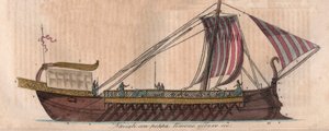 Trireme ateniense, século IV a.C. (acrostolium) - Triere ou trireme - gravura de "Usos e costumes de todos os povos do Universo". Ou seja, a história do governo, leis, milícias e religião de todas as nações desde os tempos mais remotos até o presente. de Italian School