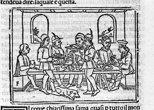 Cena de banquete na presença de membros da nobreza florentina. Ilustração para o "Decameron" de Giovanni Boccaccio dit Jean Boccace (1313-1375), escritor italiano. Gravura em "Decamerone ouer Cento nouelle" Veneza, Bartolomeo de 