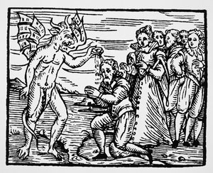 Batismo pelo Diabo, cópia de uma ilustração do Compendium Maleficarum pelo Pe. M. Guaccius, Milão 1608, usado em História da Magia, publicado no final do século XIX. de Italian School