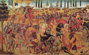 Batalha entre Dario (399-330 AC) e Alexandre o Grande (356-323 AC) (óleo sobre painel) de Italian School