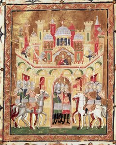 Cena de batalha nas muralhas de Jerusalém, da Descriptio Terrae Sanctae de Burcardus Theutonicus ou Burchard of Mount Sion de Italian School