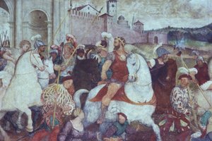 Cena de batalha fora das muralhas da cidade, década de 1460 (fresco) de Italian School