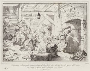 Bellisandra Maraviglia, escrava caída dos turcos, põe fogo à pólvora de guerra do navio onde (gravura) de Italian School