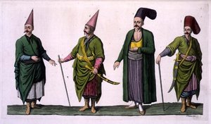 Bostandji, Khasseki e outros exemplos de fantasia otomana, placa 5 da Parte III, Volume I de "A História das Nações", gravado por V. Raineri (aquatint) de Italian School