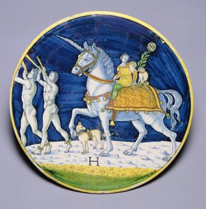 C.86-1927 Prato que representa o cavalo de César do Triunfo de César, atribuído a Jacopo di Pietro, italiano, de Caffaggiolo de Italian School
