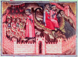 Canto XVII Quatro sodomitas: Dante e Virgil cavalgam nas costas de Geryon até o Círculo dos Fraudulentos, da Divina Comédia (o Inferno), c.1313