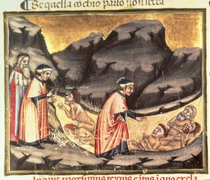 Canto XXXIII Dante e Virgílio encontram-se com Ugolino no Circulo dos Traiçoeiros, da Divina Comédia (o Inferno), c.1313 de Italian School