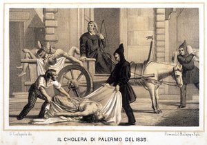 Carrinho a recolher os mortos durante a epidemia de cólera em Palermo, em 1835. de Italian School