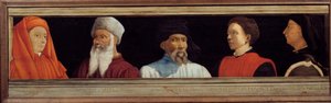 Cassone com 5 retratos do Mestre da Renascença Florentina (da esquerda para a direita Giotto di Bondone, Paolo Uccello, Niccolo Donatello, Antonio Manetti, Filippo Brunelleschi). Escola italiana do século XVI. A inscrição abaixo é provavelmente um sucesso de Italian School