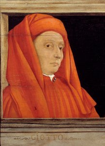 Cassone com 5 retratos do Mestre da Renascença Florentina, detalhe com o retrato de Bondone Ambrogio dit Giotto di Bondone (ca. 1267-1337), Escola Italiana do século XVI, óleo sobre madeira. A inscrição abaixo é provavelmente sucessiva. Musee d de Italian School