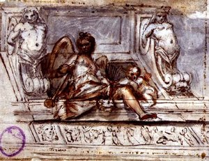 Desenho de tecto com a Musa da Música, c.1700 (caneta e tinta com aguarela sobre papel) de Italian School