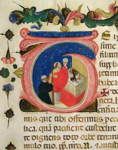 Celebração da Eucaristia, de uma Mariegola da guilda leiga de São Jerónimo, c.1400 (tinta e folha de ouro sobre vellum) de Italian School