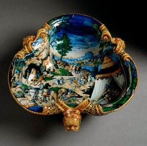 Taça de cerâmica em forma de árvore decorada da representação de Hannibal durante a travessia dos Alpes produzida em Urbino, na oficina Fontana, Itália. 1550 ao redor de Florença, Museo Nazionale del Bargello de Italian School