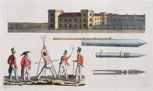 Chatham Barracks, um castigo militar chamado Triângulo e Congreve Rockets, prato 17 da História das Nações (aquatint) de Italian School