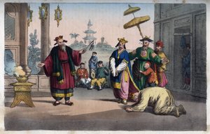China - Uma representação teatral ao ar livre - gravura de "Usos e costumes de todos os povos do Universo". Ou História do Governo, Leis, Milícias, Religião de Todas as Nações desde os tempos mais remotos até ao dia de hoje" 185 de Italian School