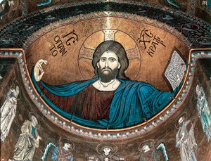 Cristo pantocrator ou Cristo em Glória, decorando a abside da catedral de Monreale, Sicília, Itália de Italian School