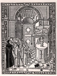 Coro da igreja, ilustração da Practica Musicae de Franchino Gaffurio (1451-1522), publicada em Veneza 1512 de Italian School