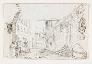 Rua da cidade de Gênova, com o farol e o porto ao fundo, início do século XIX (caneta e tinta marrom sobre giz preto) de Italian School