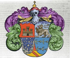 Brasão do navegador Cristóvão Colombo (1451-1506): as quatro partes do ecu representam no topo a cidade de Castela e Leão, abaixo das ilhas descobertas e os símbolos das âncoras dos admiradores. Gravura do livro "Navigationi e Viaggi". de Italian School