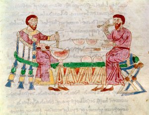 Códice 132 Livre 22 Chap.1 A Refeição, de De Universo de Rabanus Maurus (c.780-856) 1023 de Italian School