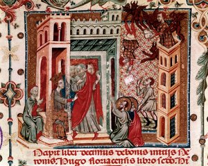 Codices Cavenses, Cod.25 f.181, Simon Magus, o Imperador Nero e os Apóstolos, em miniatura de Speculum Historiale, Parte I, de Vincent de Beauvais, c.1320 (têmpera sobre velino) de Italian School