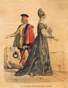 Desenho de figurino para um escudeiro do Doge e uma senhora, de 