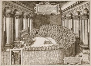 Conselho de Trento, 1563, de uma gravura publicada em Veneza em 1565, ilustração da igreja da Inglaterra: uma história para os povos por HDM Spence-Jones, bar. c.1910 (foto sépia) de Italian School