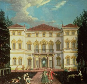 Casa de campo com figuras elegantes (um de um par) de Italian School