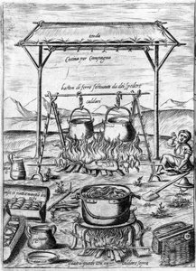 Cozinha campestre: caldeirões e panelas são colocados no fogo. Gravura de "Ópera", livro sobre gastronomia dividido em 6 partes, de Bartolomeo Scappi, cozinheiro pessoal do Papa Pio V. Veneza. de Italian School