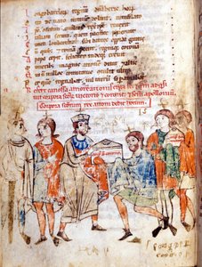 Corte de Mathilde de Canossa (ou Condessa Mathilde da Toscana) (1046 - 1115) em "Vita Mathildis" de Donizone, manuscrito do século XIII. Lucca, Bibl, Governativa. de Italian School