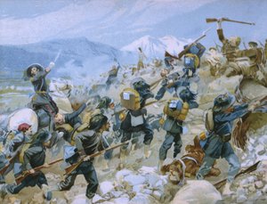 Guerra da Criméia e a batalha de Chernaya, 16 de agosto de 1855, ilustração de um álbum sobre a história do Risorgimento feito para o chocolate Talmone, final do século XIX