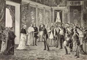 Príncipe herdeiro da Alemanha (futuro Frederico III) sendo recebido pelo Papa Leão XIII na Sala do Trono, Vaticano, gravura de desenho de Ximenes do esboço de Dal Don, de L