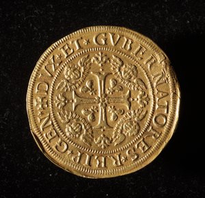 Moeda da República de Genes: 12,5 moedas de ouro doppie. Diam. 61 mm. 1656. Frente. Genes Musei di Strada Nuova (inv. 6453) de Italian School