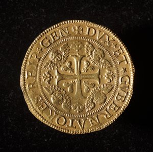 Moeda da República de Genes: 12,5 moedas de ouro doppie. Diam. 61 mm. 1656. frente. Genes Musei di Strada Nuova (inv. 6456) de Italian School