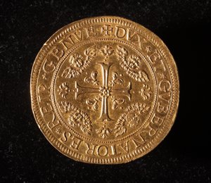 Moeda da República de Genes: 25 moedas de ouro doppie. Diam. 52,5 mm. 1694. Frente. Genes Musei di Strada Nuova (inv. 6457) de Italian School