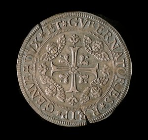 Moeda da República de Genes: ECU largo em prata. Diam. 61 mm. 1693. frente. Genes Musei di Strada Nuova (inv, M7135) de Italian School