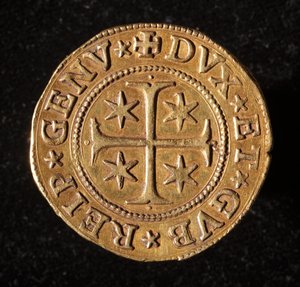 Moeda da República dos Genes: cinco moedas de ouro doppie. Diam. 41 mm. 1642. Front. Genes Musei di Strada Nuova de Italian School