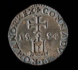 Moeda da República de Genes: teston de prata (ou testone) da Bênção. Frente representando o portal de Génova sob uma cruz. 1554 Genes, Musei di Strada Nuova de Italian School