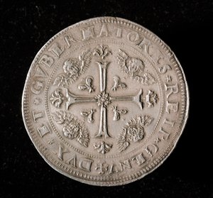 Moeda da República de Genes: moeda de prata de seis ecus. Diam. 61,5 mm. 1715. Atrás. Genes Musei di Strada Nuova (inv, M7156) de Italian School