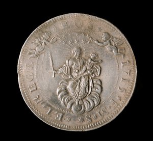 Moeda da República de Genes: moeda de prata de seis ecus. Diam. 61,5 mm. 1715. Frente. Genes Musei di Strada Nuova (inv, M7156) de Italian School
